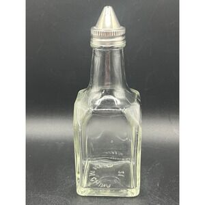 Vtg. Olive Oil/Vinegar Cruet,‎ Square Glass Dispenser w/ Metal Lid 6" Tall